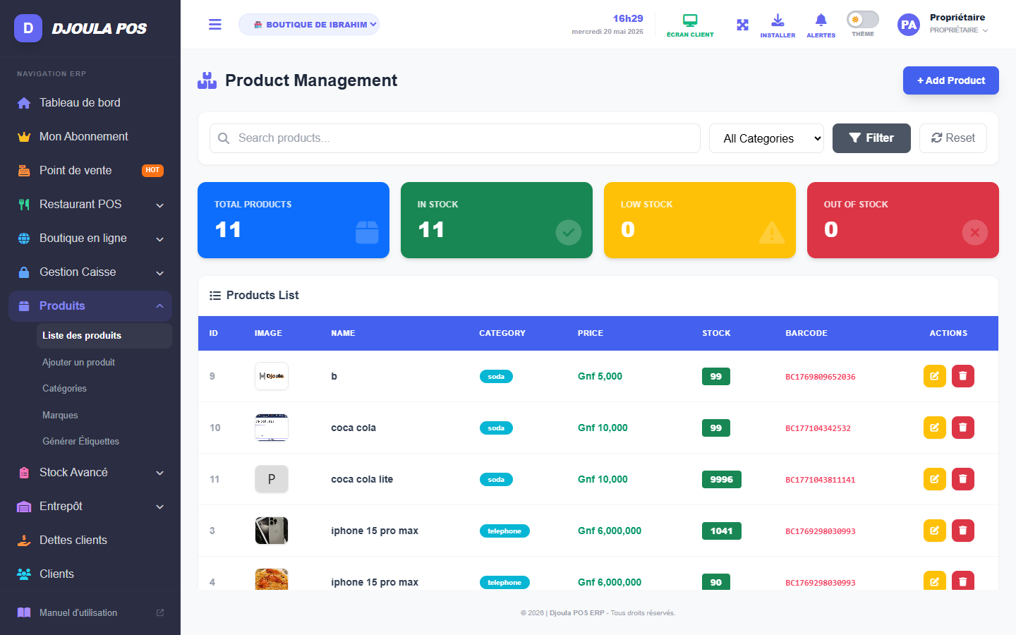 Liste des produits